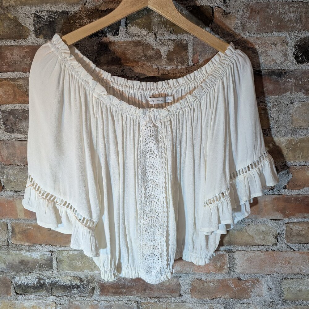 bishop + young Cream Off-the-Shoulder Crochet Trim Crop Top